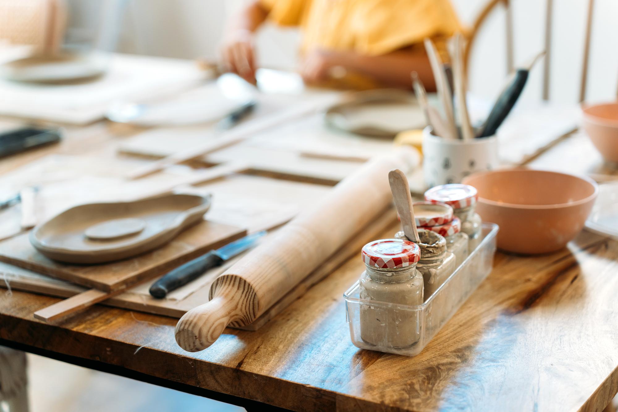 Workshop kitchen with natural light and utensils